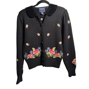 VTG Black Floral Embroidered Cardigan Sweater Dark Cottage Peter Pan Collar M
